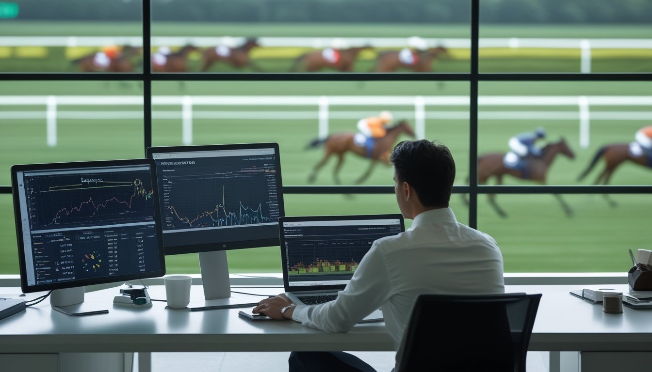 Analis meninjau data performa balap kuda di depan komputer dengan gambar kuda berlari di lintasan.