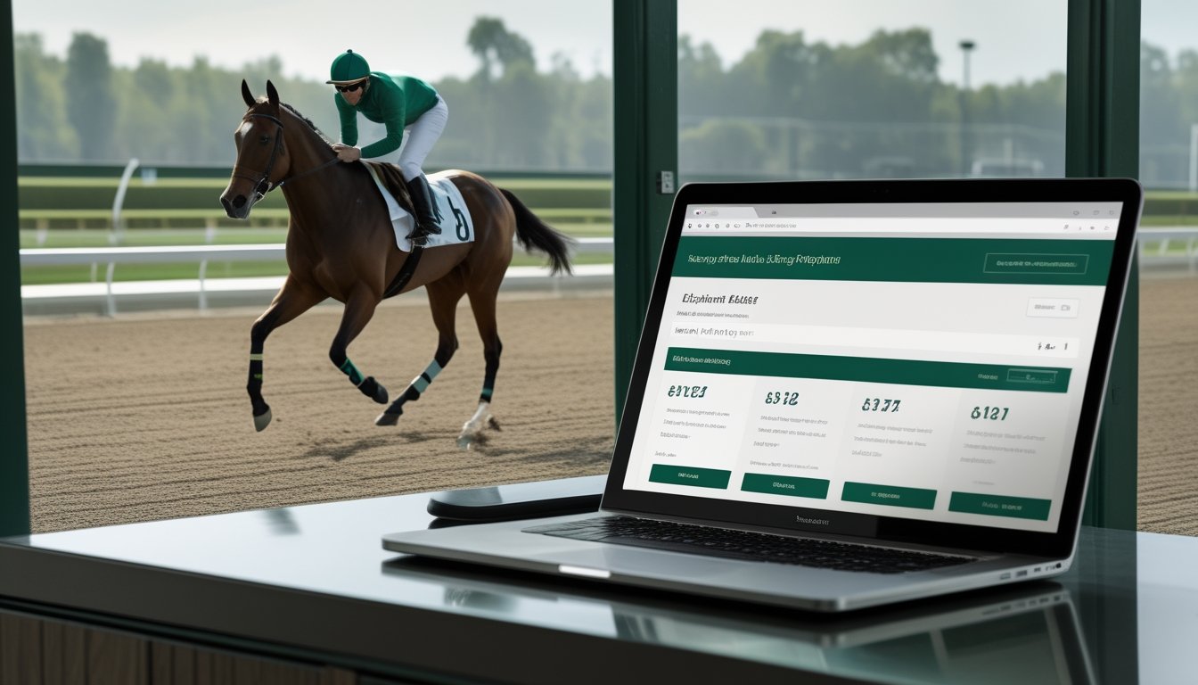 Kuda balap dan joki berada di lintasan, dengan laptop dan ponsel menampilkan antarmuka platform olahraga tanpa tulisan.