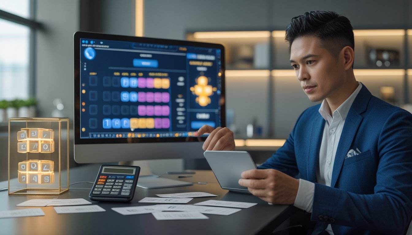Seseorang memeriksa laptop dan ponsel dengan pola angka abstrak di meja kerja modern.