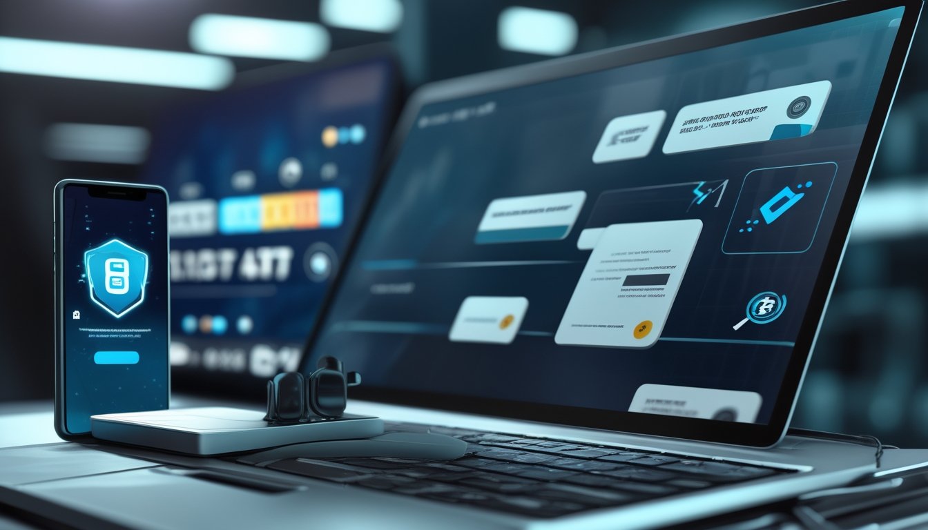 Laptop dan ponsel menampilkan ilustrasi abstrak platform digital dengan simbol keamanan dan pembayaran cepat.