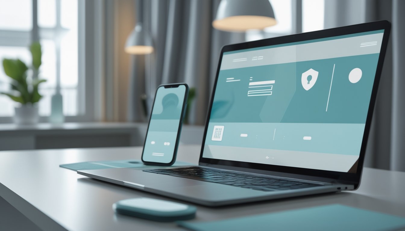 Laptop dan ponsel menampilkan antarmuka digital abstrak di atas meja modern.
