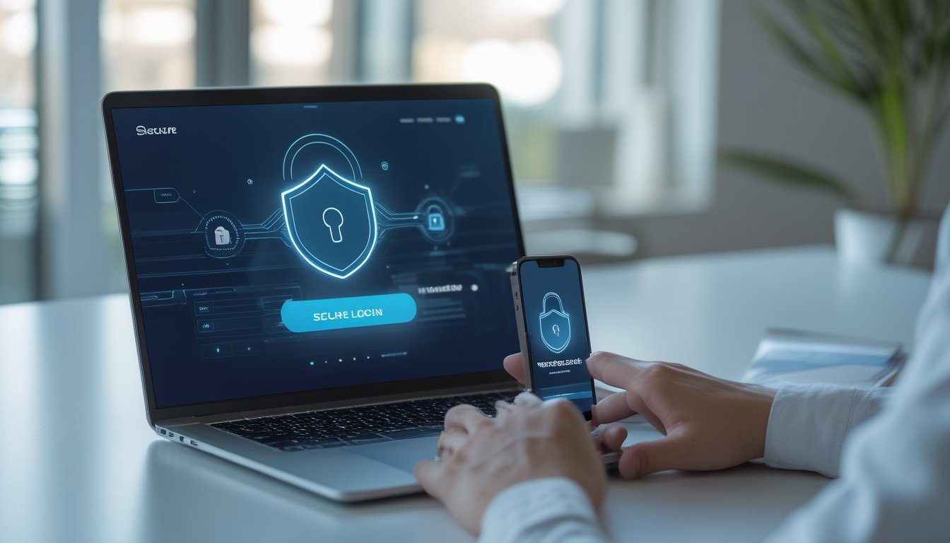Laptop dan ponsel menampilkan antarmuka akses aman dengan simbol perisai dan gembok di meja kerja modern.