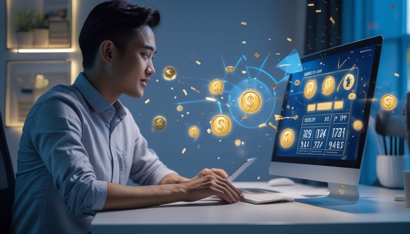 Orang dewasa menggunakan laptop dan ponsel di meja kerja modern dengan nuansa perayaan digital.