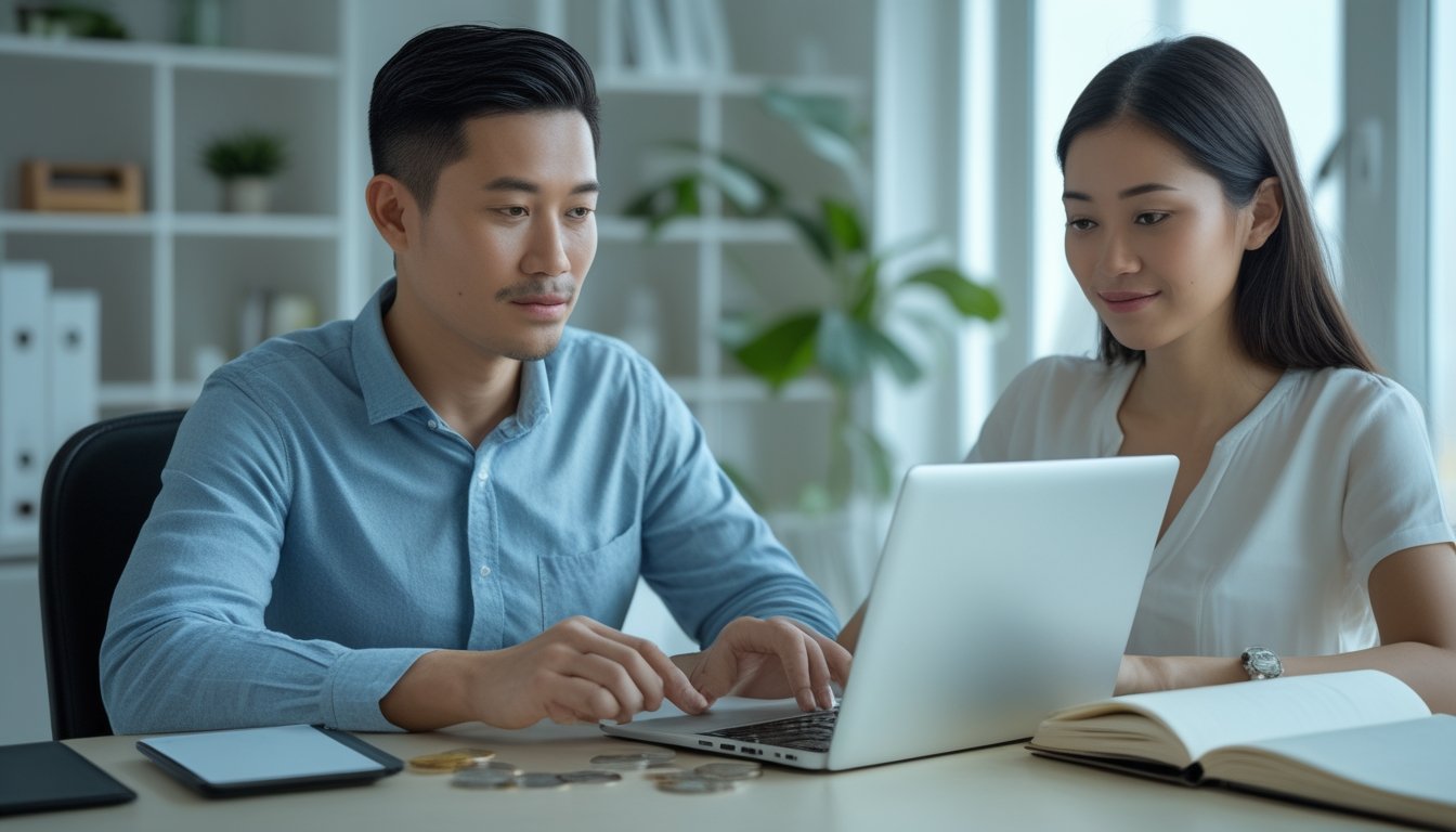 Sepasang orang dewasa meninjau anggaran di laptop pada meja kerja modern.