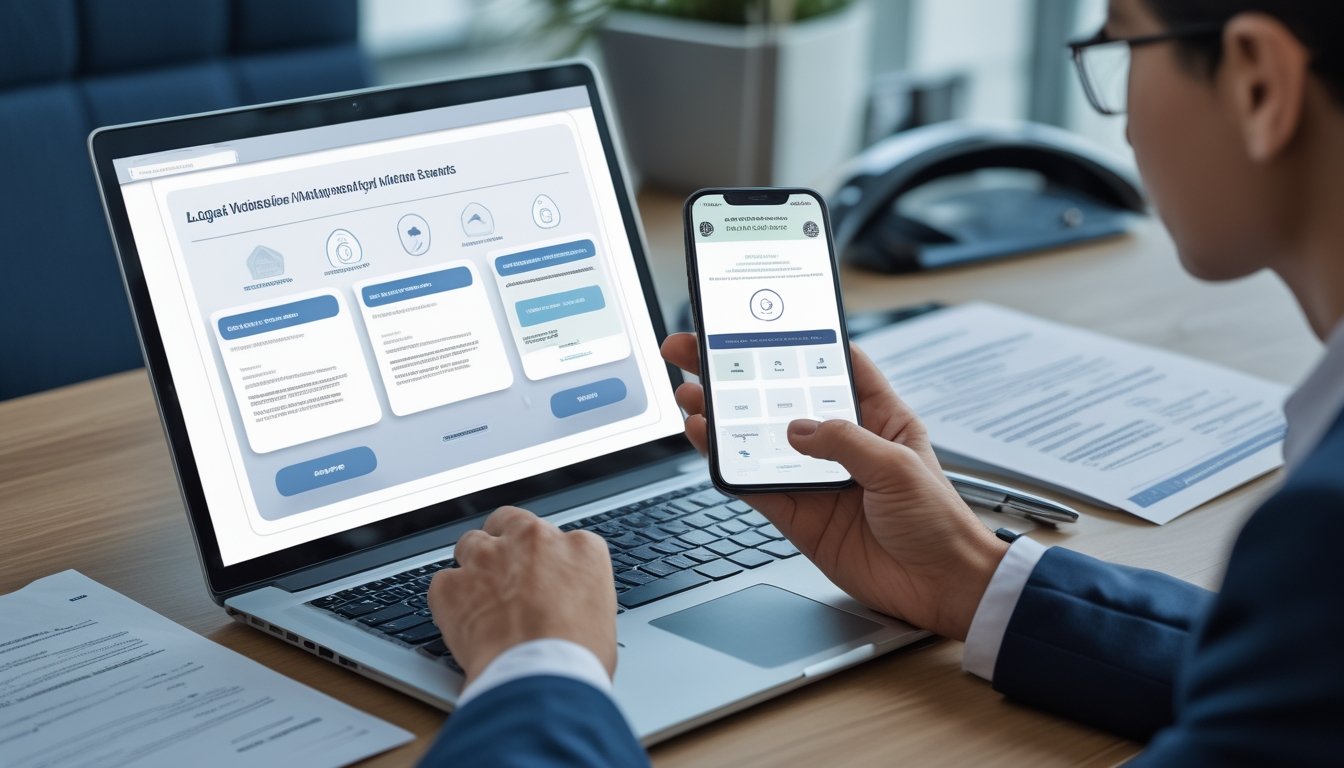 Profesional memeriksa keamanan dan legalitas sebuah platform digital di ruang kerja modern.