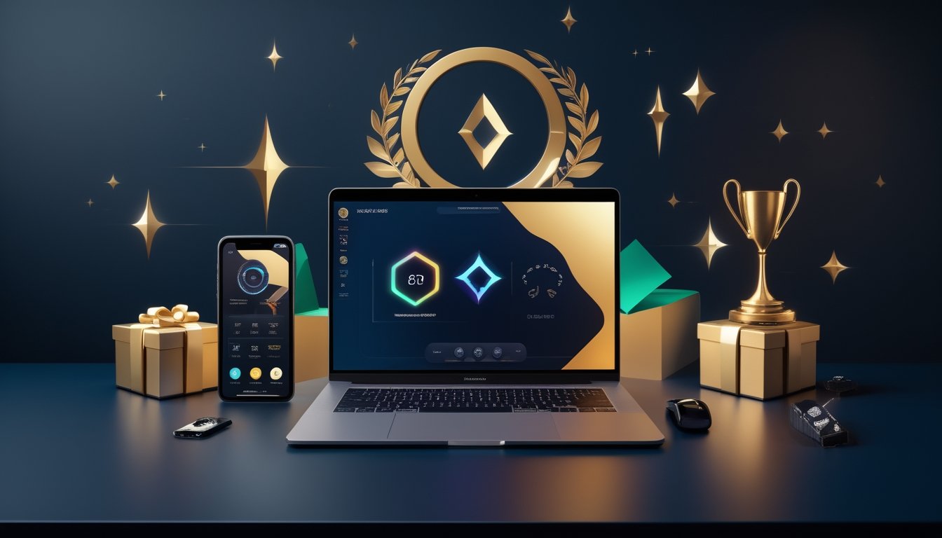 Laptop dan ponsel menampilkan antarmuka digital bercahaya dengan hadiah dan elemen dekoratif elegan di sekitarnya.