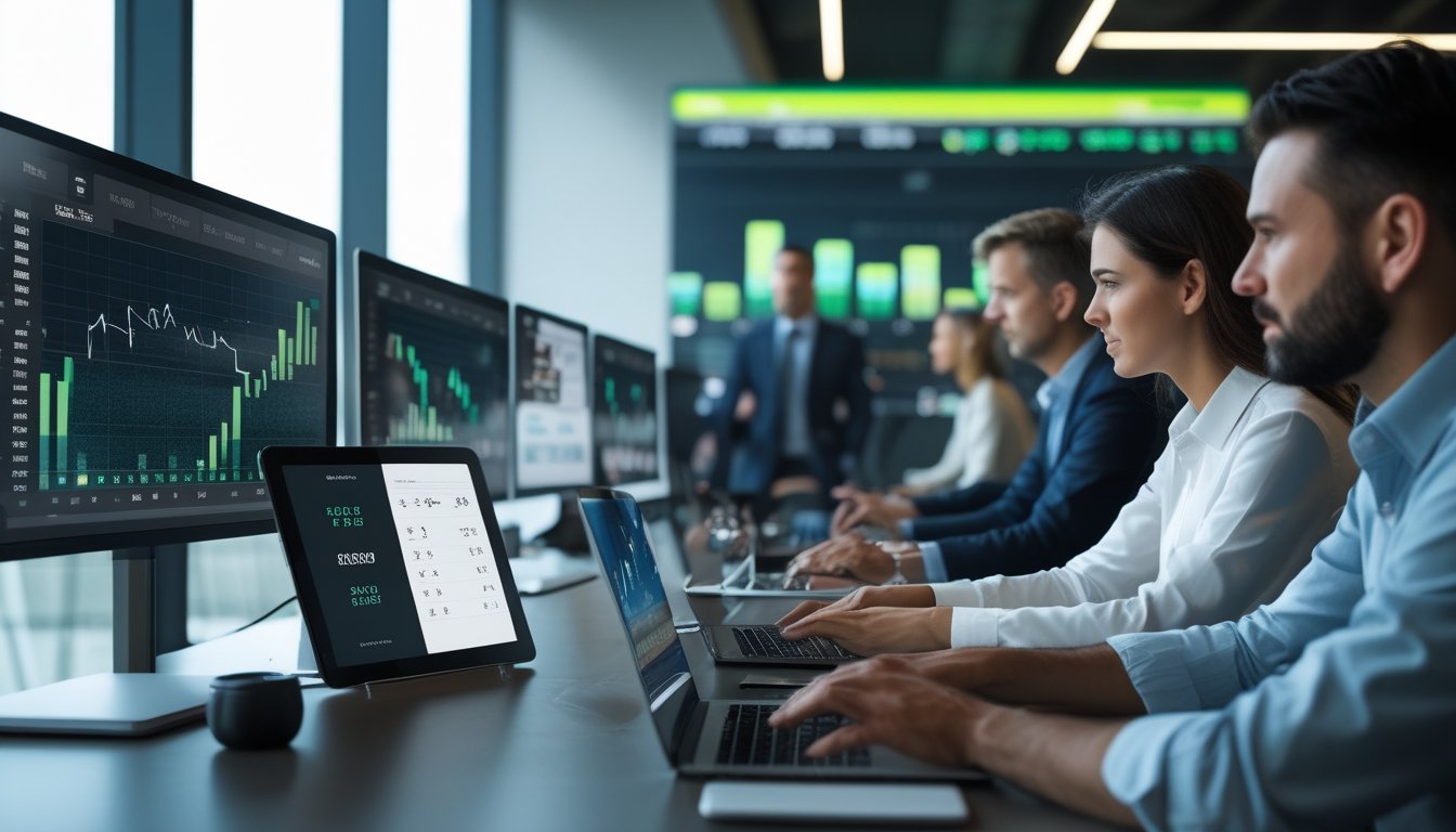 Sekelompok analis dewasa membandingkan data olahraga pada layar di ruang kerja modern.