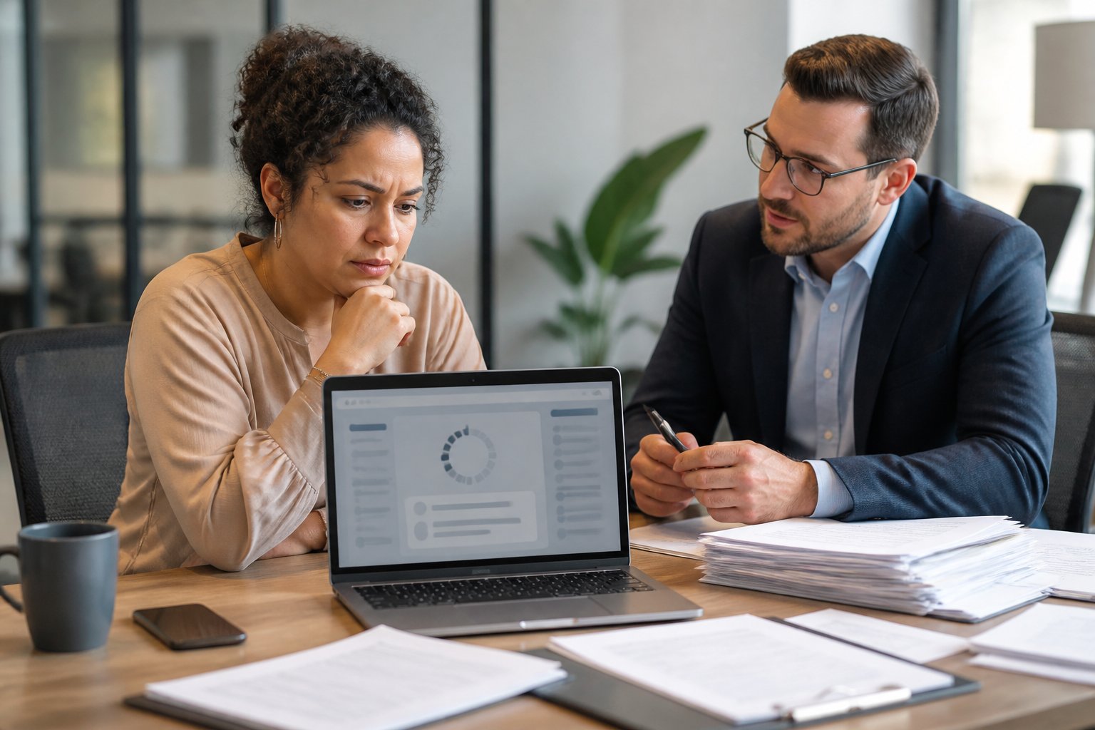 A business owner and advisor review a complicated funding process at an office desk.