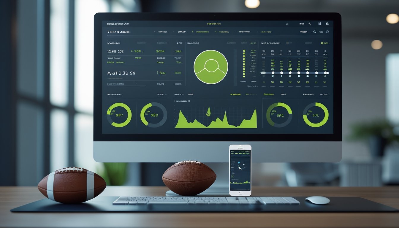 Meja kerja modern dengan monitor berisi analisis pertandingan sepak bola abstrak, bola, dan ponsel.
