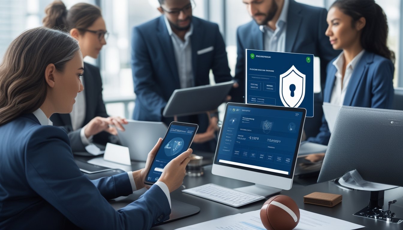 Orang dewasa meninjau platform taruhan sepak bola daring yang aman di kantor modern dengan simbol verifikasi dan keamanan.