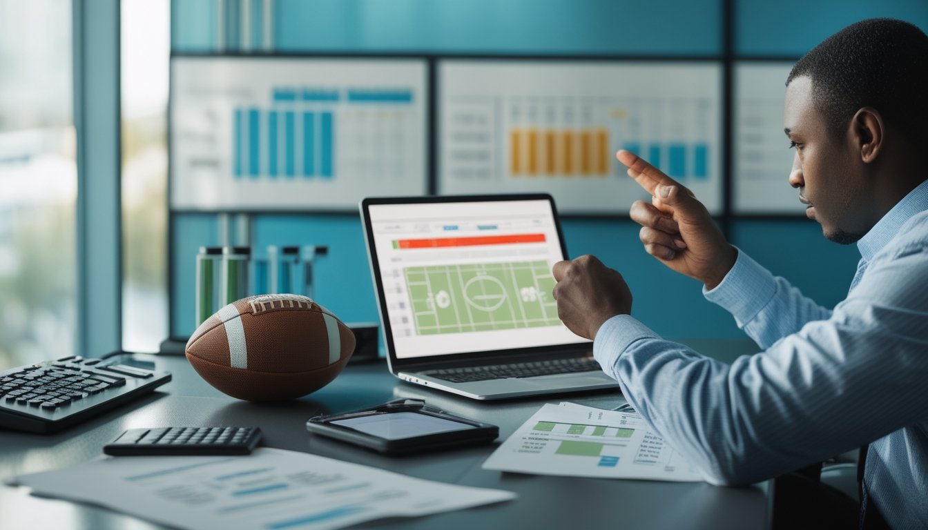 Analis olahraga memeriksa statistik pertandingan sepak bola di laptop dan tablet di meja kerja.