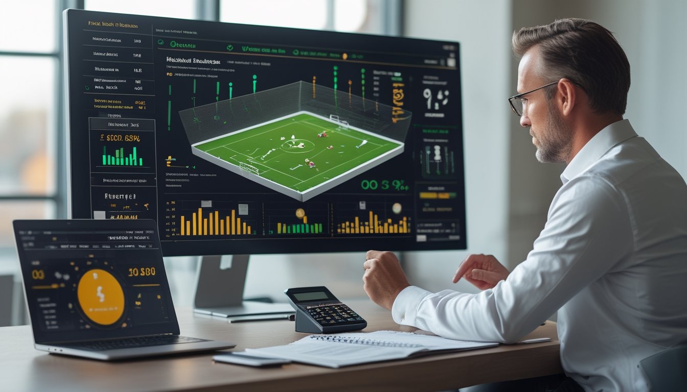 Seorang analis mempelajari statistik pertandingan sepak bola dan indikator risiko di ruang kerja modern.