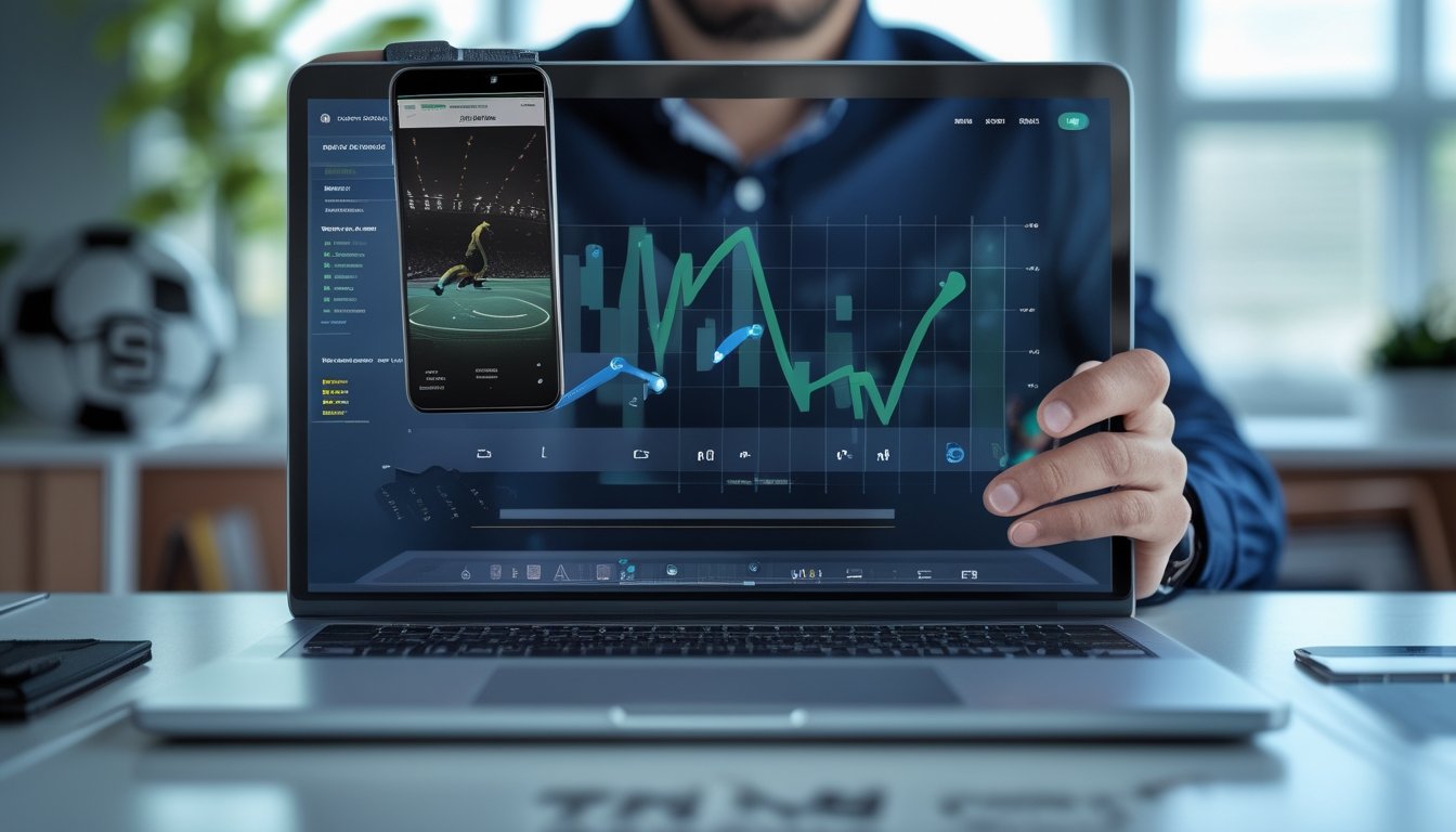 Seseorang menggunakan laptop dan ponsel dengan tampilan analisis olahraga di ruang kerja modern.