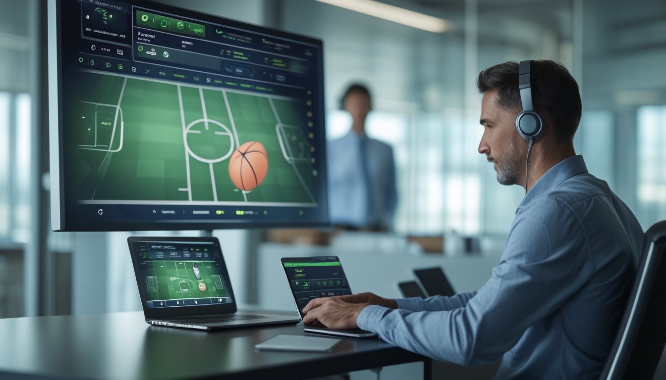 Pengguna dewasa meninjau analisis pertandingan olahraga di laptop dan ponsel dalam ruang kerja modern.