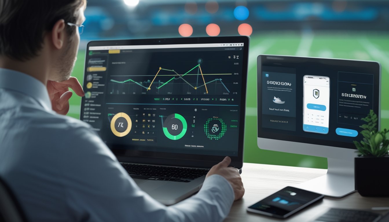 Seseorang memeriksa statistik olahraga dan pembayaran digital di ruang kerja modern dengan latar stadion yang buram.