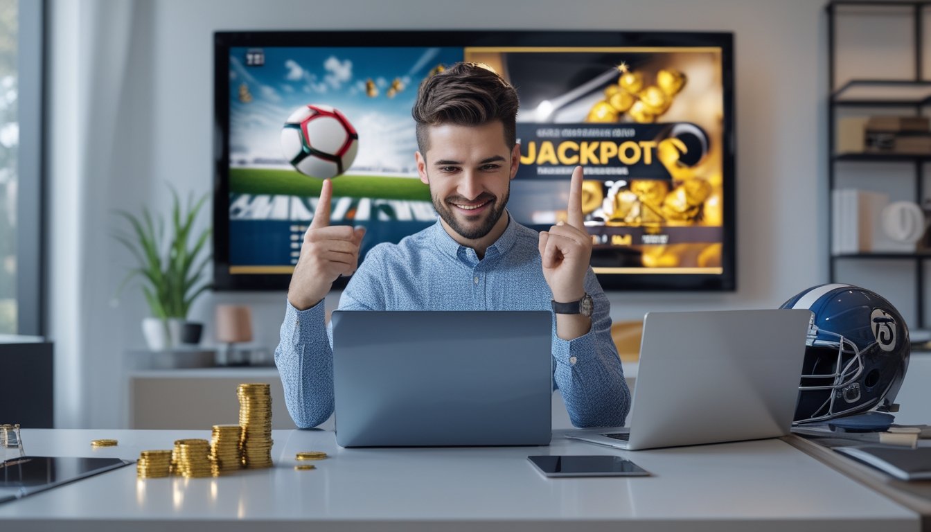Penggemar olahraga menggunakan laptop dan ponsel di ruang kerja modern dengan perlengkapan olahraga serta koin emas.