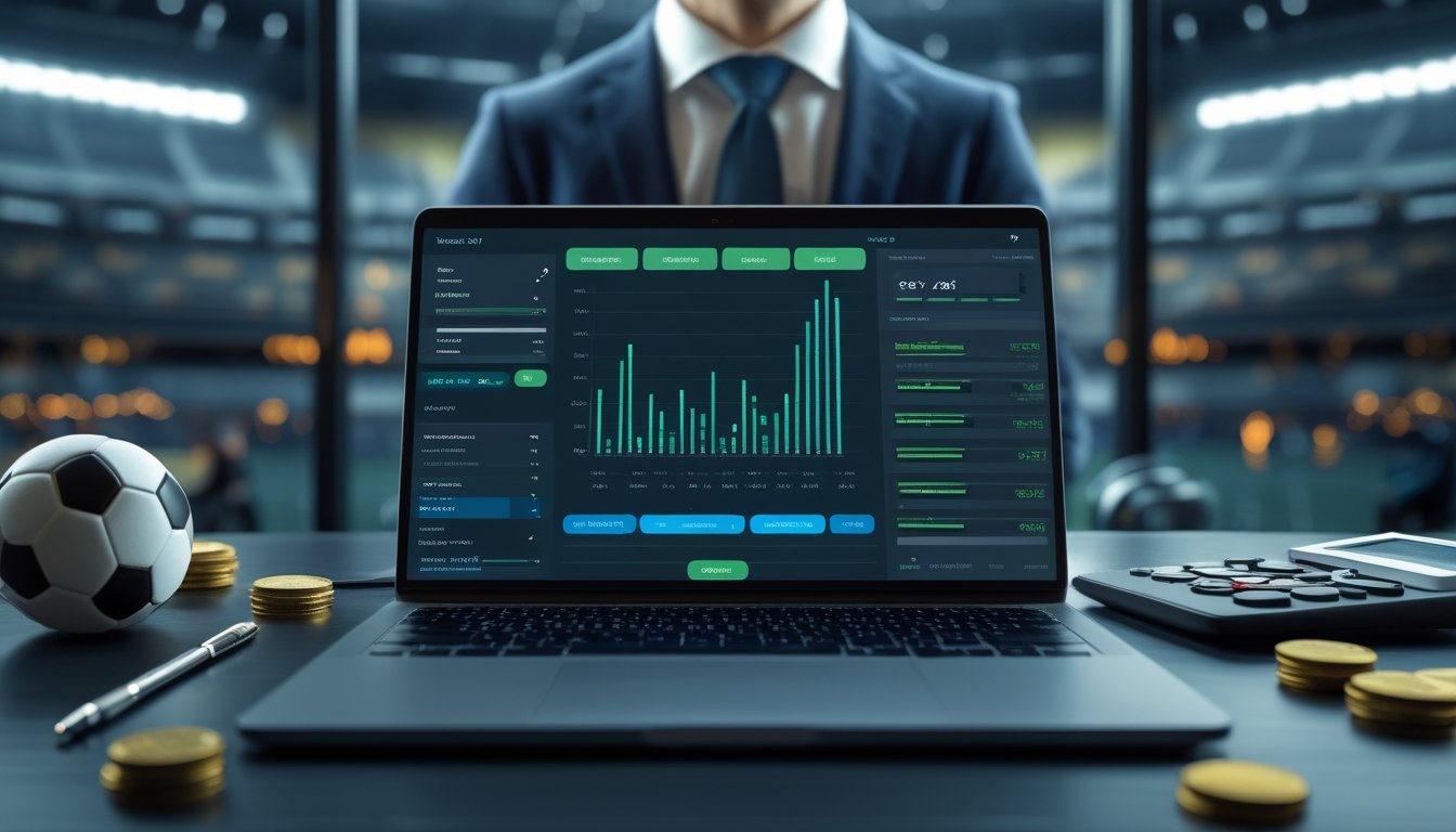Seseorang menganalisis data olahraga di laptop dengan perlengkapan olahraga dan koin di meja.