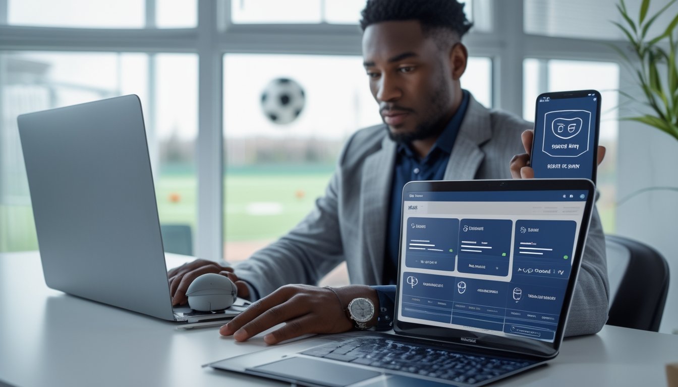 Orang dewasa membandingkan platform taruhan olahraga yang aman di ruang kerja modern dengan simbol keamanan dan elemen sepak bola.