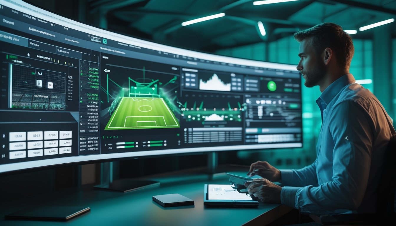 Seorang analis mempelajari data pertandingan sepak bola dan grafik performa di ruang kerja modern.