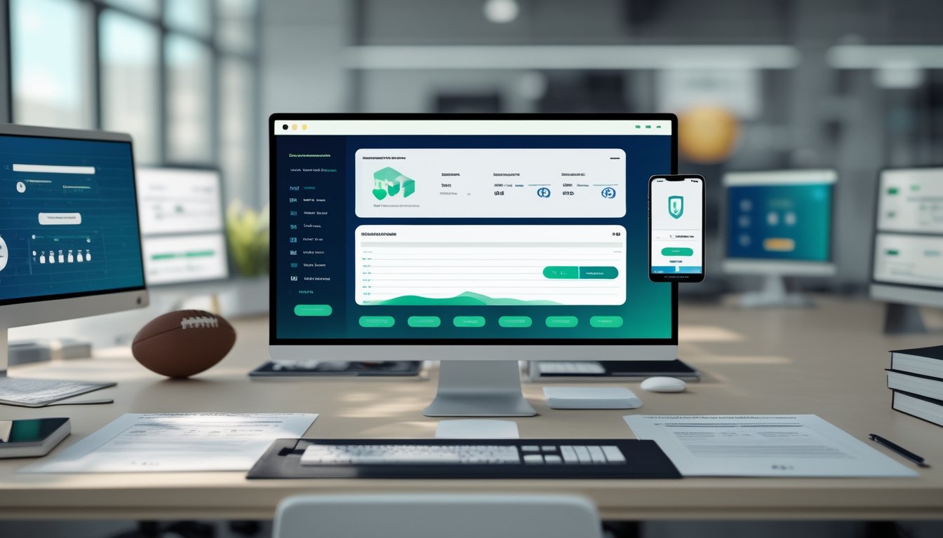 Profesional memeriksa keamanan dan legalitas platform taruhan olahraga daring di ruang kerja modern.