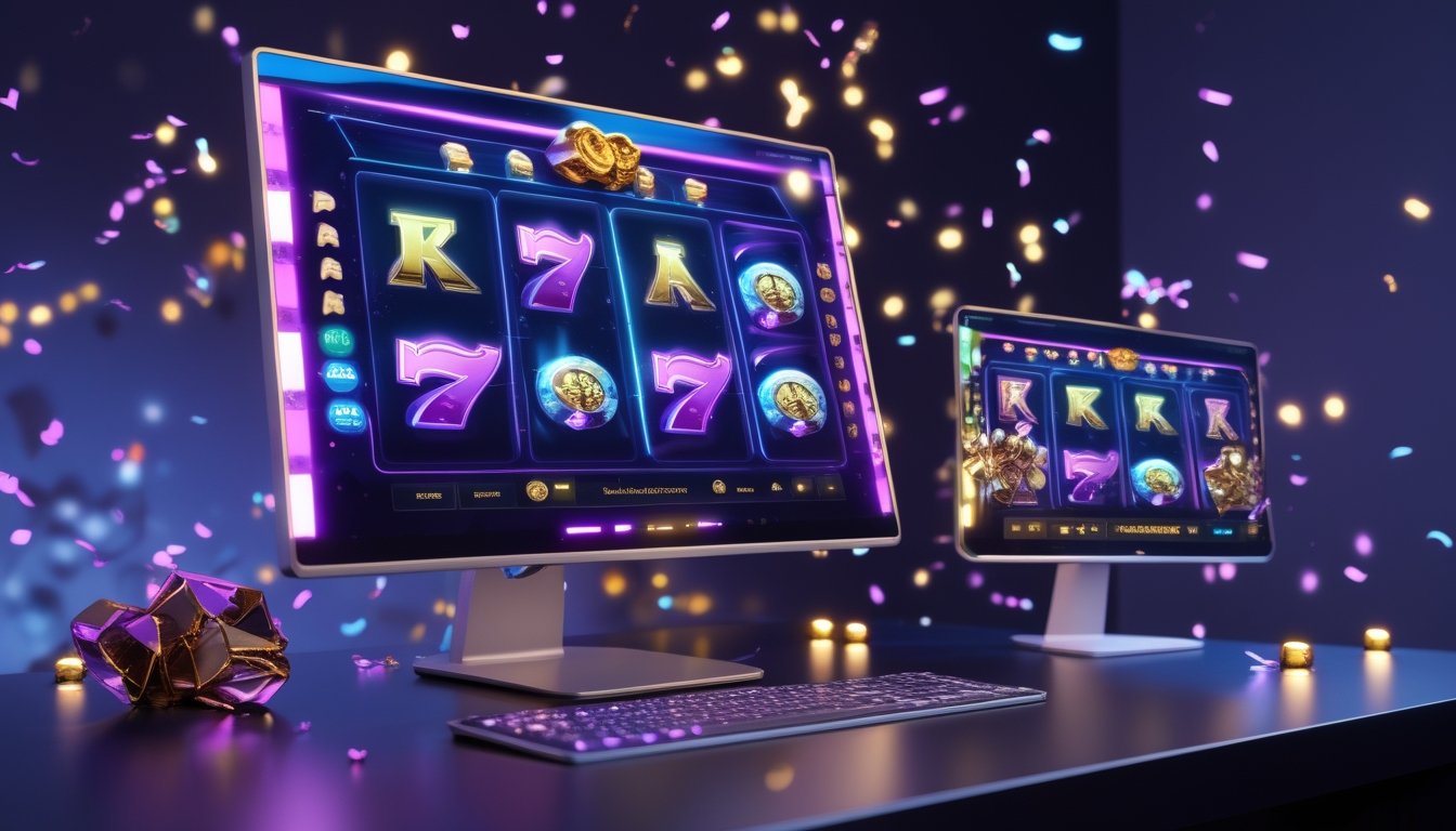 Perangkat komputer dan ponsel menampilkan permainan slot digital dengan efek cahaya warna-warni dan koin emas.
