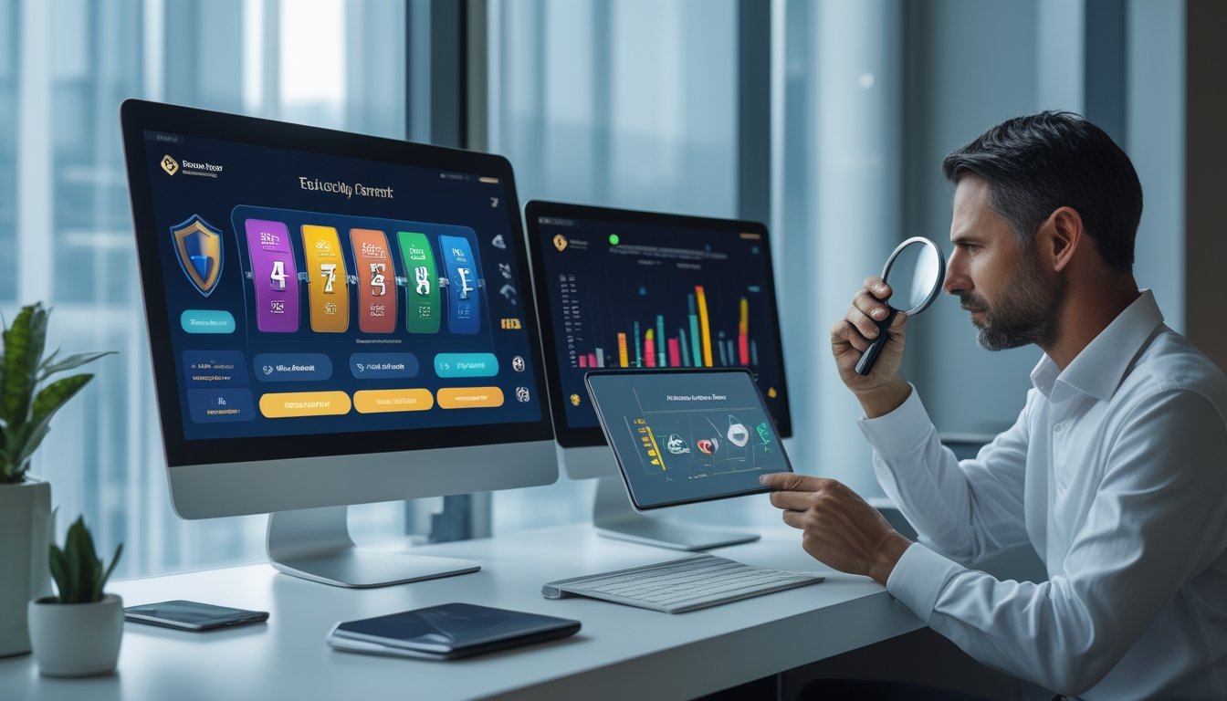 Seorang analis memeriksa antarmuka platform slot digital pada komputer dan ponsel di meja kerja modern.