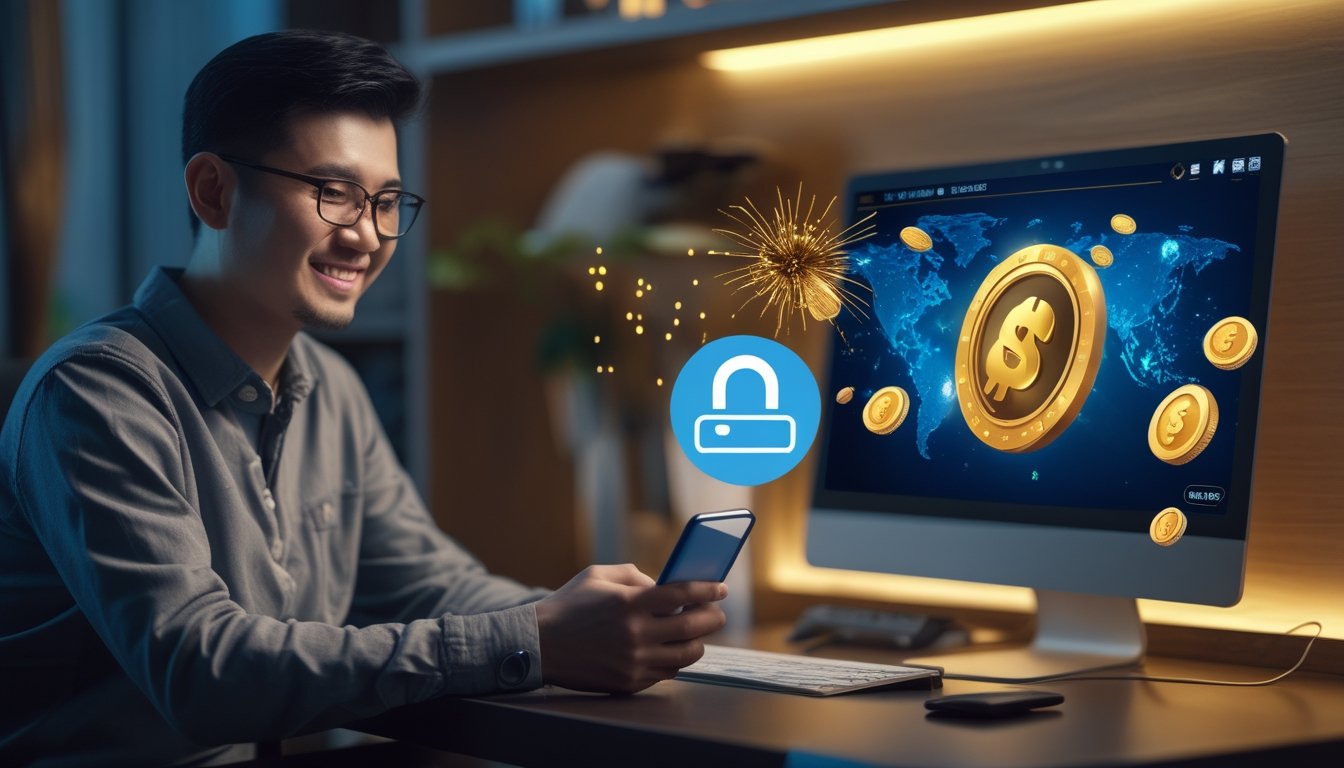 Seorang pemain menggunakan ponsel dengan suasana perayaan kemenangan digital dan koin emas di meja kerja.