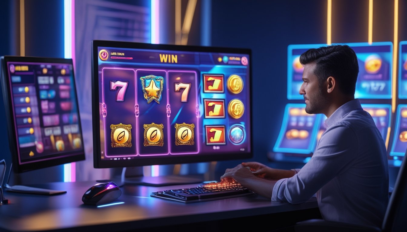 Orang dewasa menggunakan komputer dan ponsel dengan tampilan permainan slot digital berwarna-warni di meja modern.