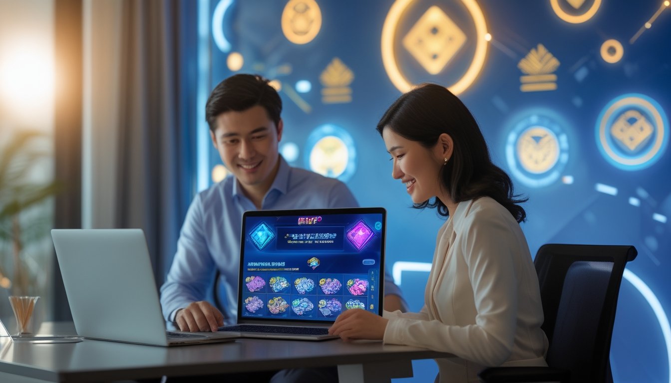Dua orang dewasa melihat perangkat digital di ruang kerja modern dengan pencahayaan biru dan emas.