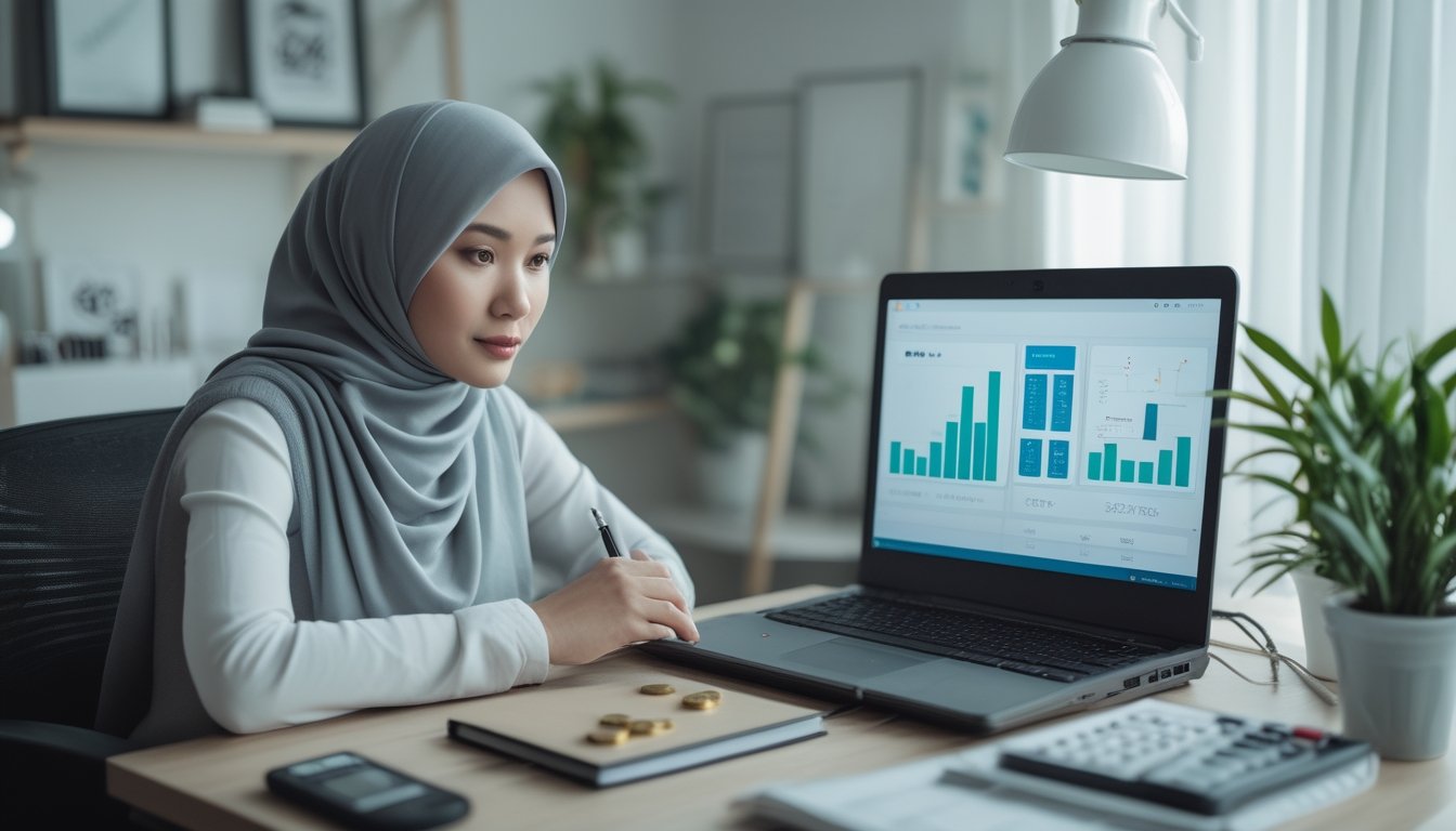 Orang dewasa mempelajari statistik permainan slot di laptop dengan kalkulator, buku catatan, dan sejumlah kecil koin di meja.