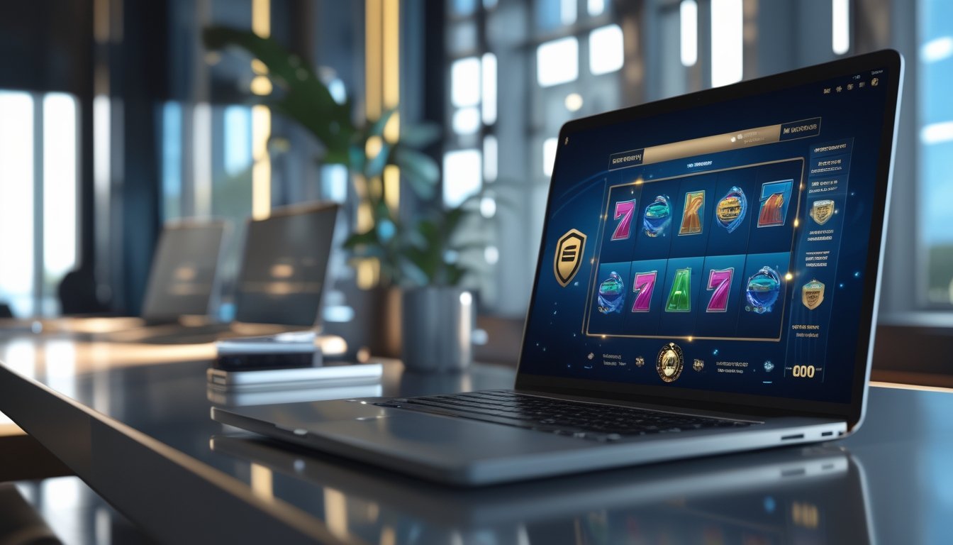 Perangkat digital menampilkan permainan slot abstrak di lingkungan kerja modern dengan simbol keamanan dan globe.