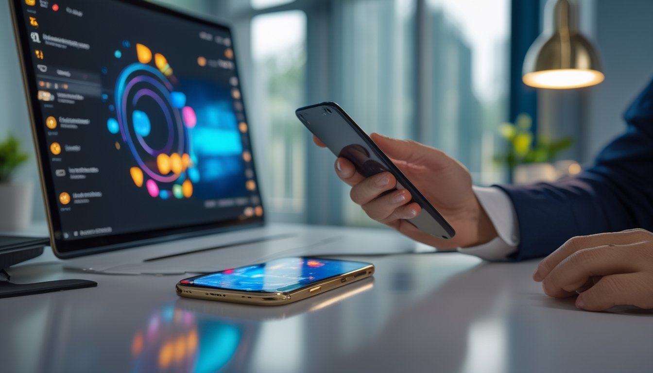Perangkat digital modern di meja kerja dengan tampilan antarmuka abstrak dan pencahayaan profesional.