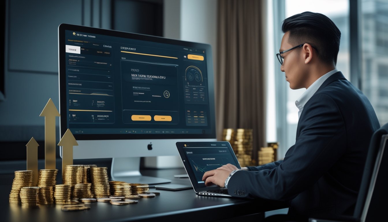 Seorang profesional meninjau platform kasino daring di ruang modern dengan koin emas dan keping poker.