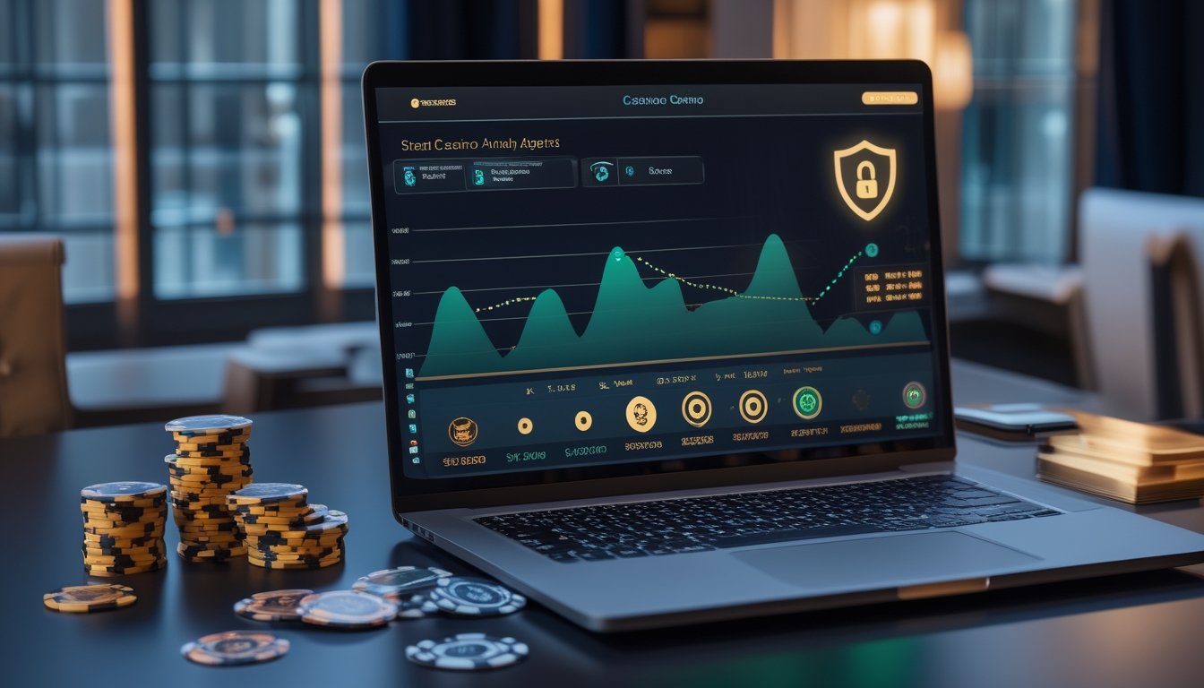 Laptop dengan dasbor analitik abstrak, simbol keamanan, dan perlengkapan kasino di meja kerja modern.