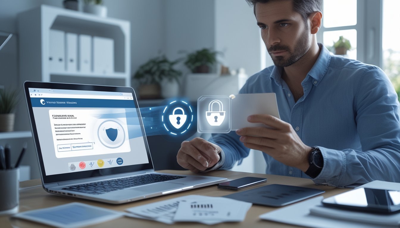 Seseorang memeriksa platform taruhan digital yang aman di laptop dengan simbol perisai dan gembok.