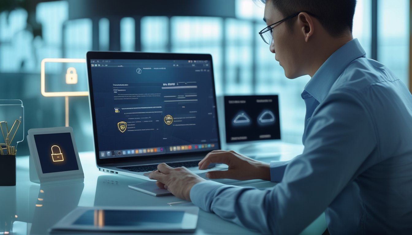 Seorang analis memeriksa keamanan dan legalitas platform kasino online di meja kerja dengan simbol gembok, perisai, dan dokumen verifikasi.
