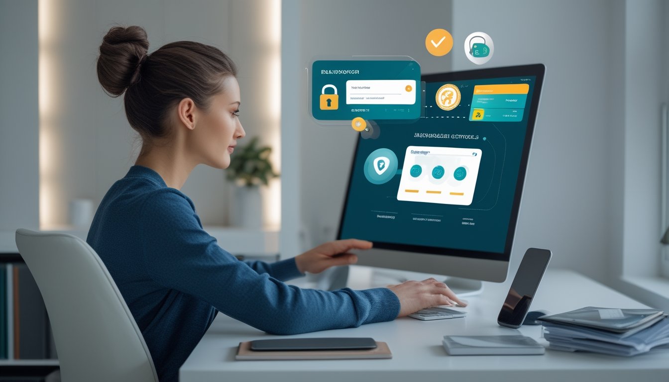 Orang dewasa memeriksa platform permainan daring yang aman di laptop dengan simbol perlindungan digital.