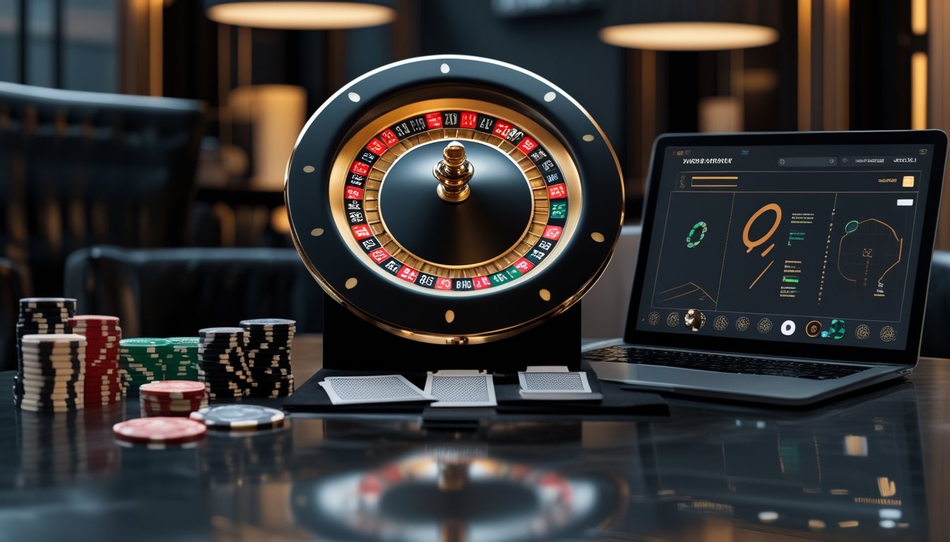 Meja kasino elegan dengan roda roulette, keping taruhan, kartu, dan perangkat digital dalam suasana mewah.