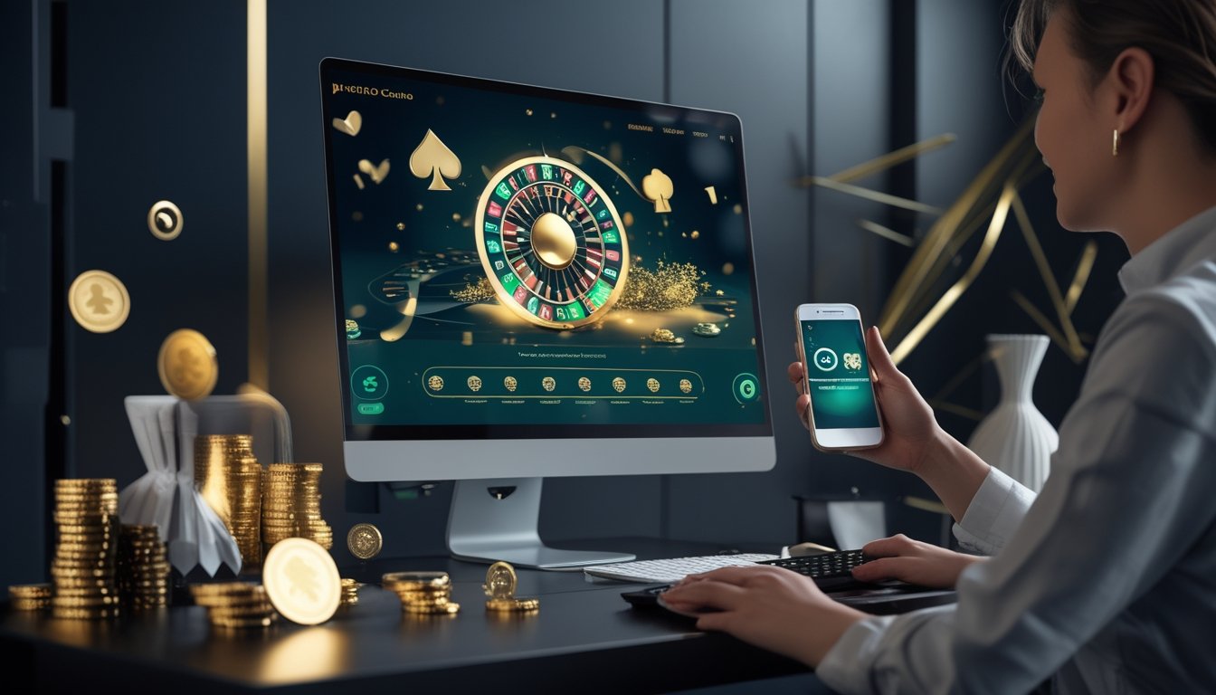Seseorang menggunakan perangkat digital dengan tampilan simbol kasino, koin emas, dan elemen keamanan bercahaya.
