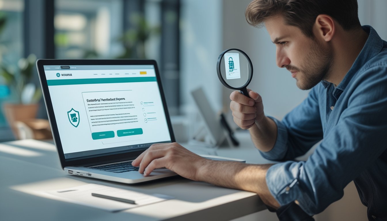 Seseorang memeriksa keamanan platform digital di laptop dengan bantuan simbol perisai, kunci, dan daftar pemeriksaan.