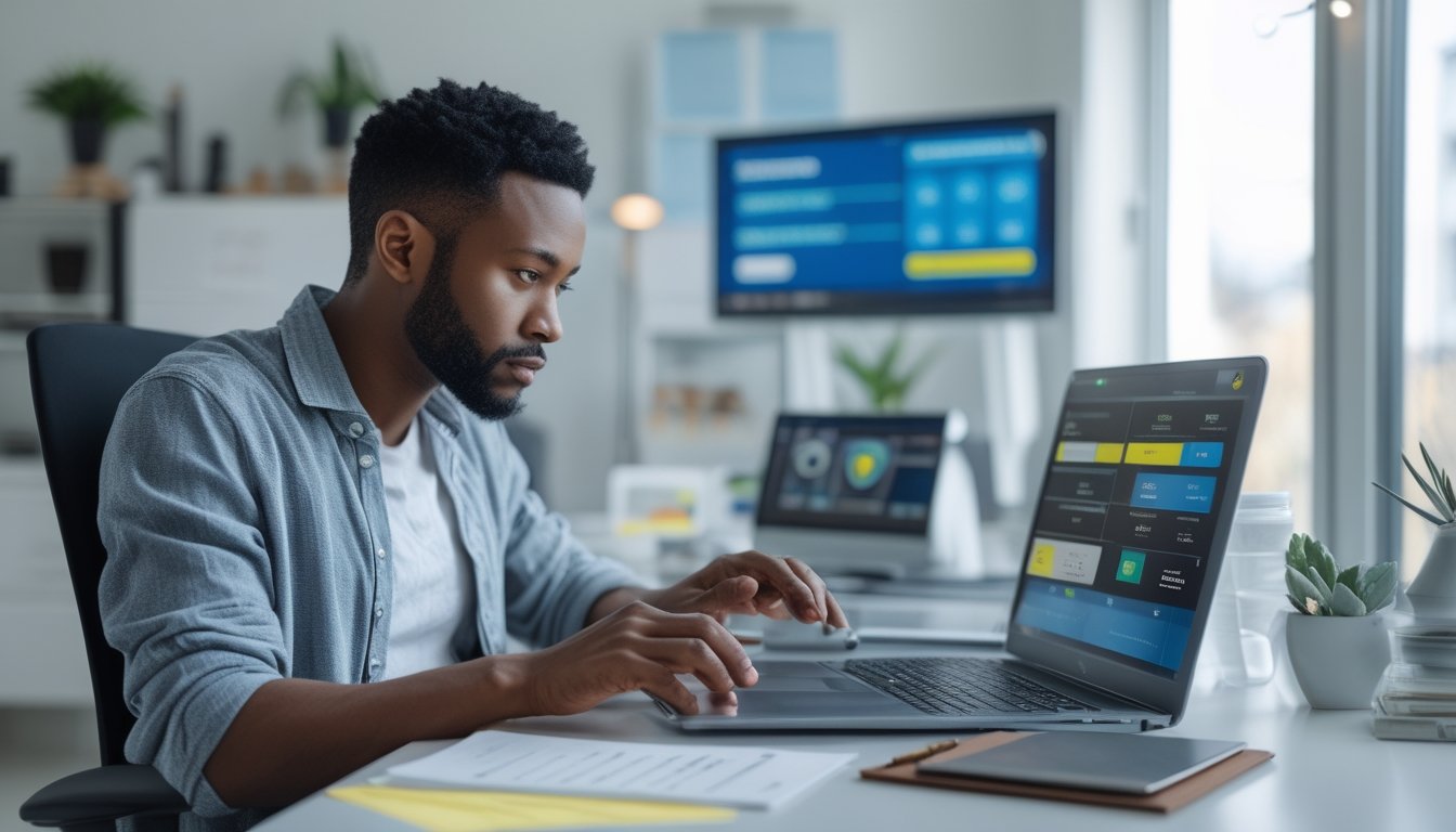 Orang dewasa memeriksa platform taruhan digital yang aman di laptop dalam ruang kerja modern.