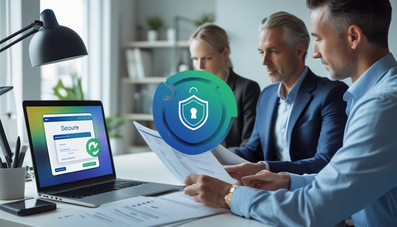 Profesional bisnis memeriksa dokumen dan keamanan platform digital di meja kerja modern.