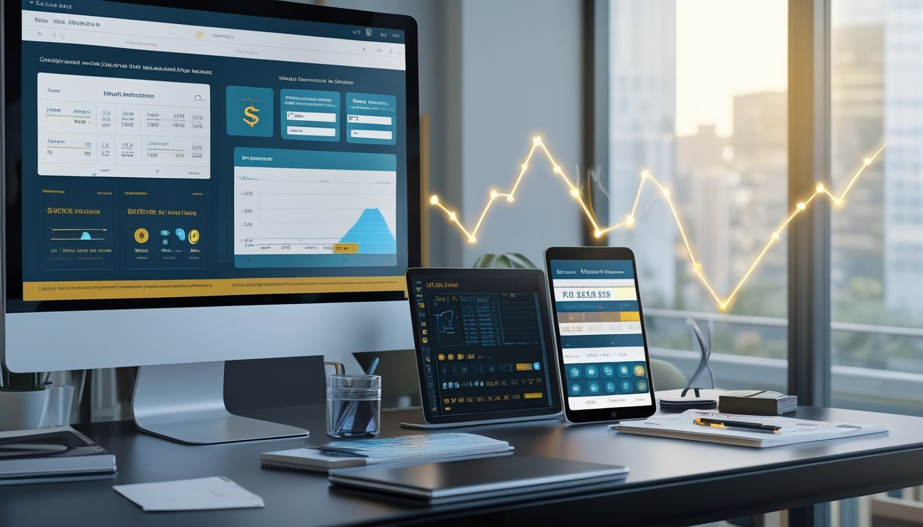 Meja kerja modern dengan beberapa perangkat yang menampilkan dashboard analisis angka dan grafik tren.