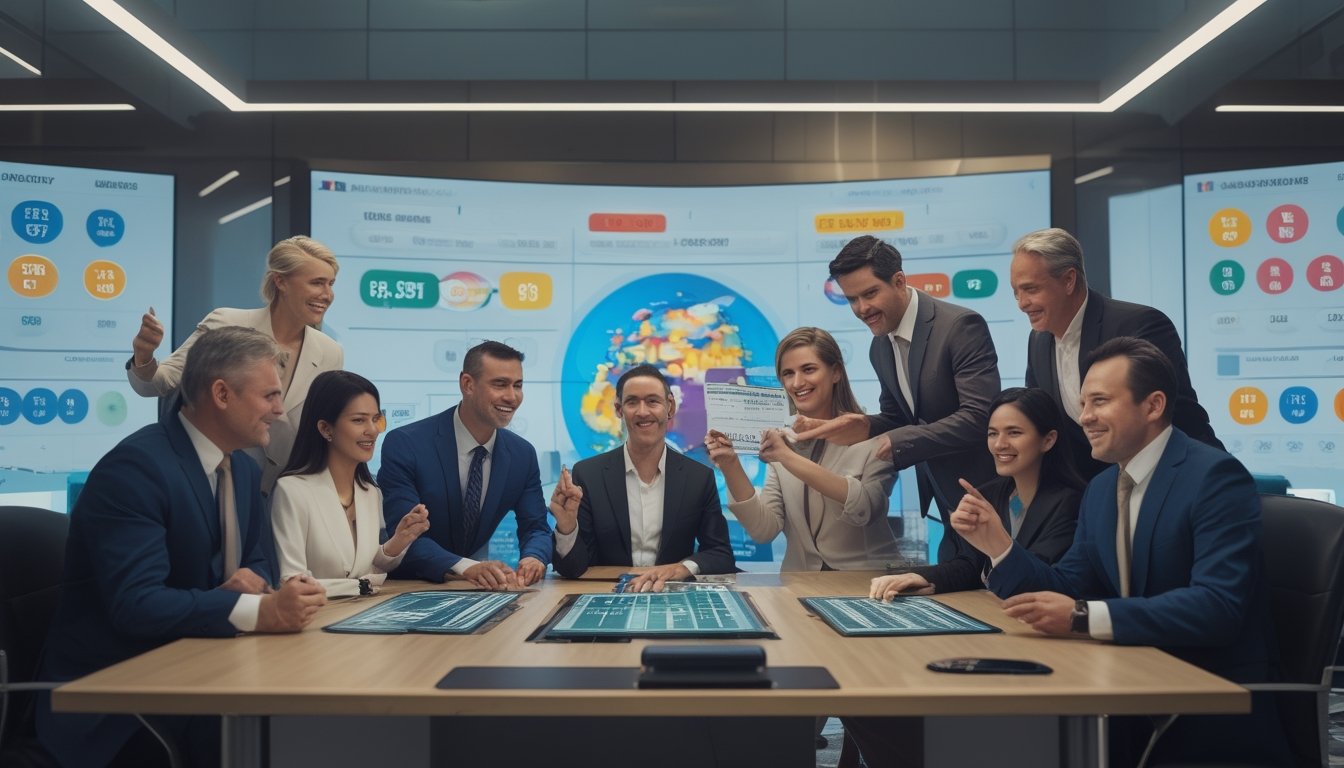 Sekelompok profesional dewasa merayakan keberhasilan bisnis di kantor modern dengan grafik abstrak di layar.