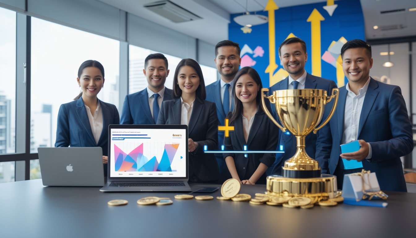 Sekelompok profesional melihat laptop dan ponsel dengan simbol kesuksesan serta penghematan di ruang kantor modern.