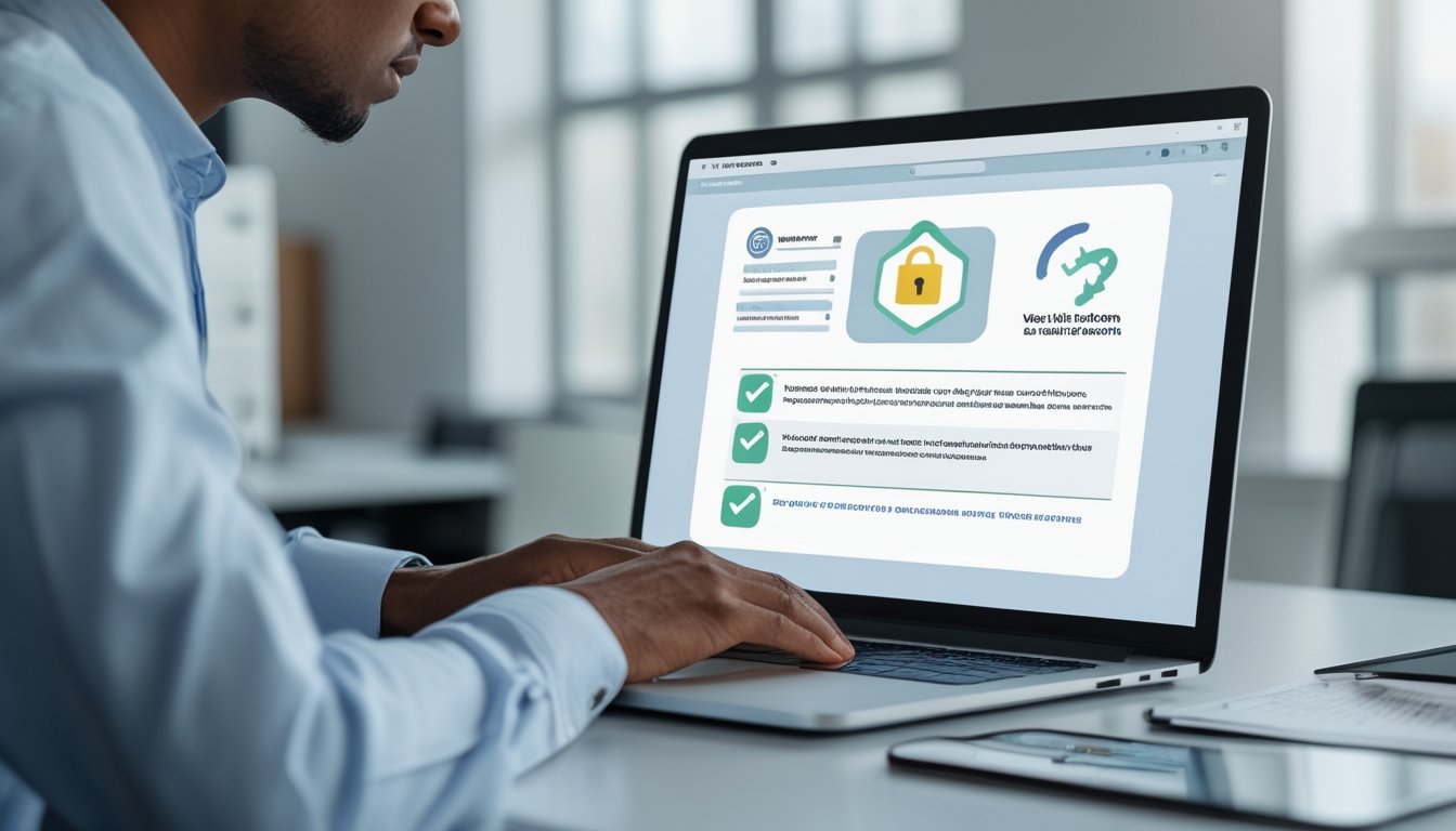 Seorang profesional memeriksa keamanan platform digital di laptop dengan dokumen dan ponsel di meja.