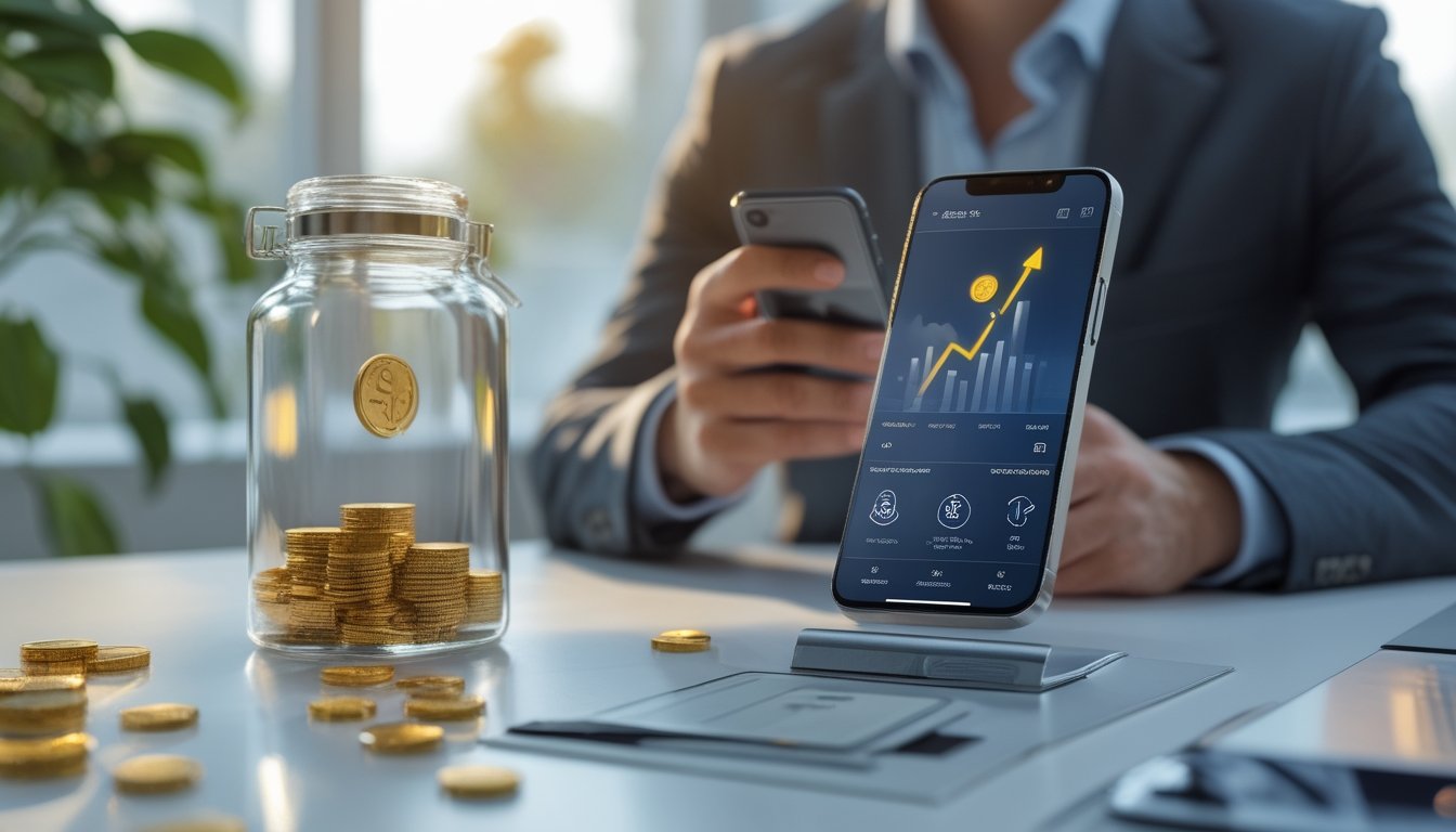 Ponsel dengan tampilan dompet digital abstrak berada di samping toples berisi koin emas di meja kerja modern.