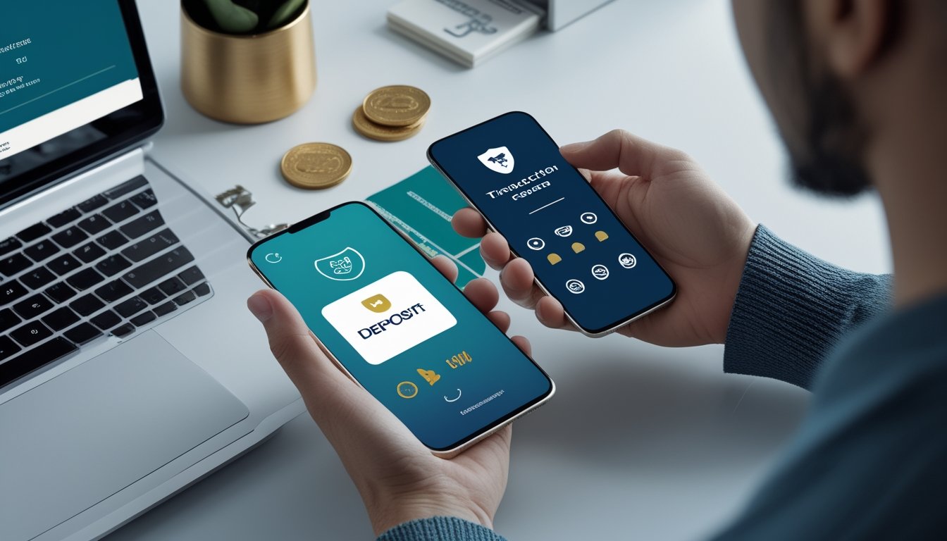 Seseorang meninjau proses deposit digital di meja kerja dengan ponsel, laptop, dompet, kartu pembayaran, kalkulator, dan simbol keamanan.