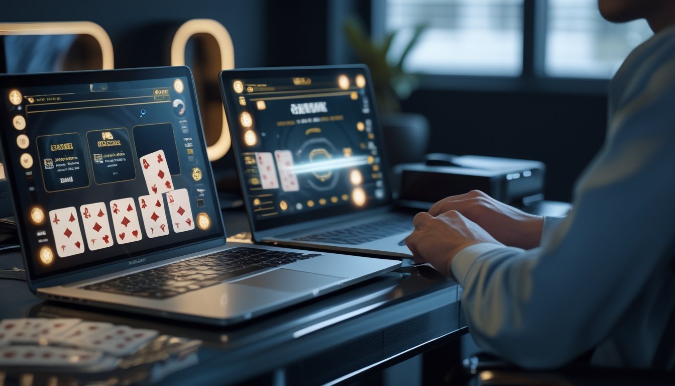 Pemain dewasa melihat permainan kartu digital di laptop dan ponsel di meja modern.