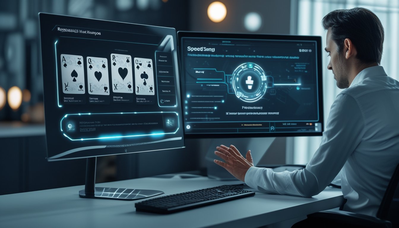 Seseorang menggunakan komputer dengan tampilan permainan kartu digital abstrak dan visual koneksi server berkecepatan tinggi.